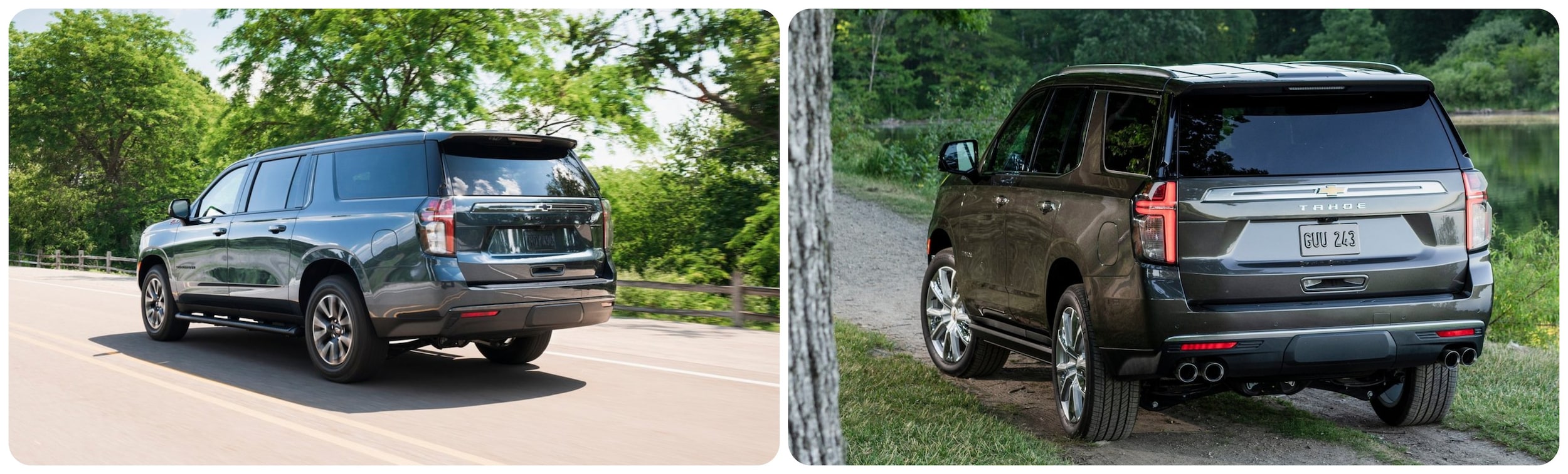 A rear view of the Chevy Suburban pictured on the left and a rear view of the Chevy Tahoe on the right.