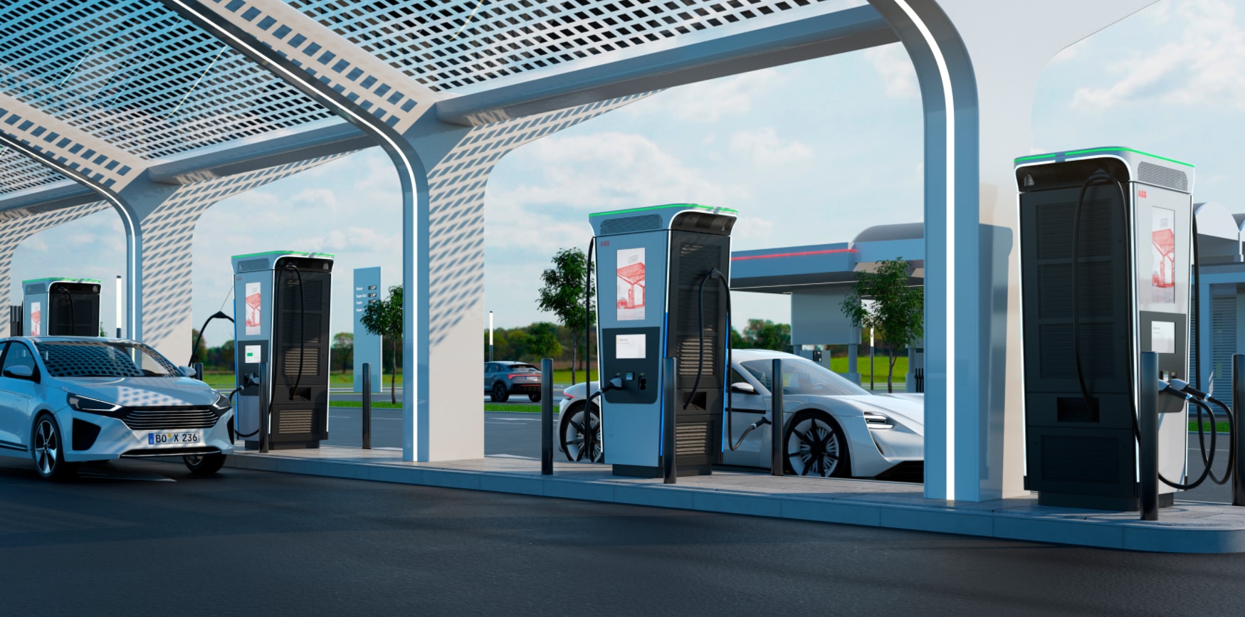 A computer rendering of an EV station with multiple chargers housed similarly to a gas station, but clad in all white with an overhang of grid-printed glass overhanging the charging stations and two white cars charging at different stations