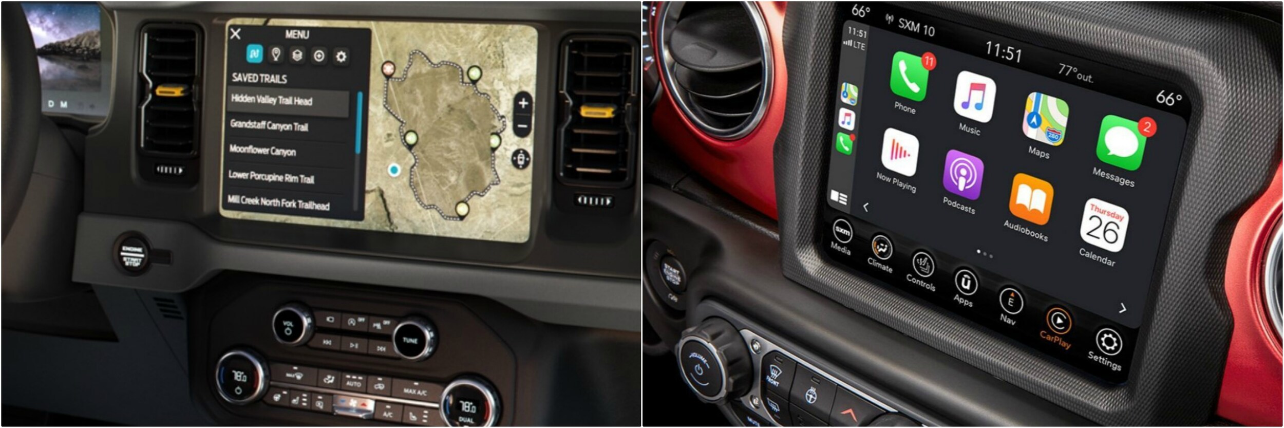 Interior features comparison on a 2021 Ford Bronco vs. Jeep Wrangler