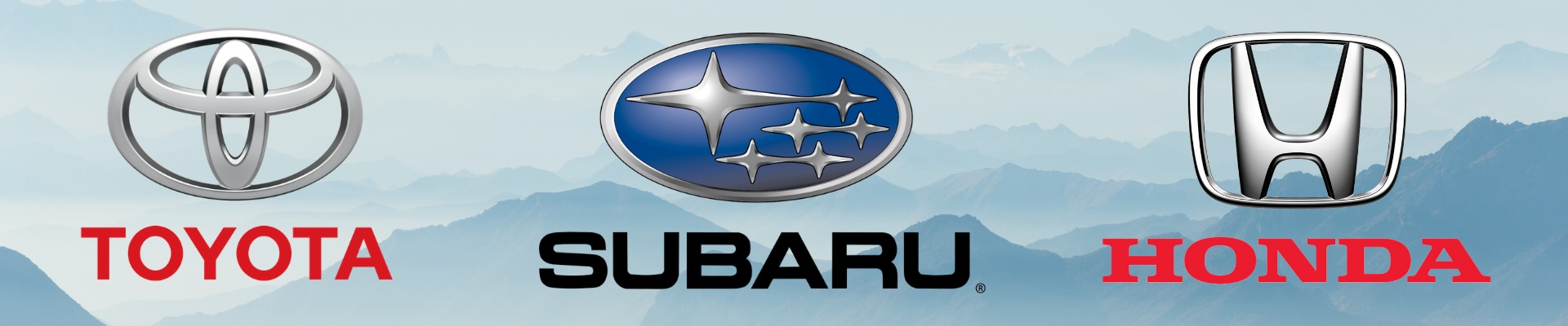Image of cloudy hazy mountain tops with overlay logos of Toyota, Subaru, and Honda brands with high resale value