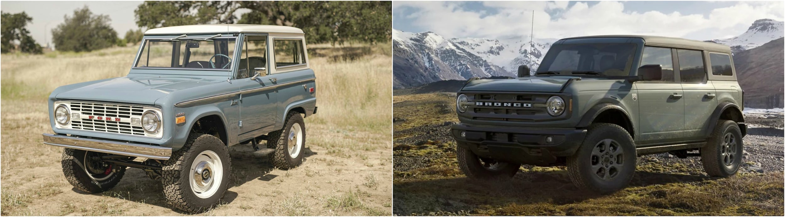 Side by side comparison of an old light blue Ford Bronco next to a
light blue 2021 Ford Bronco