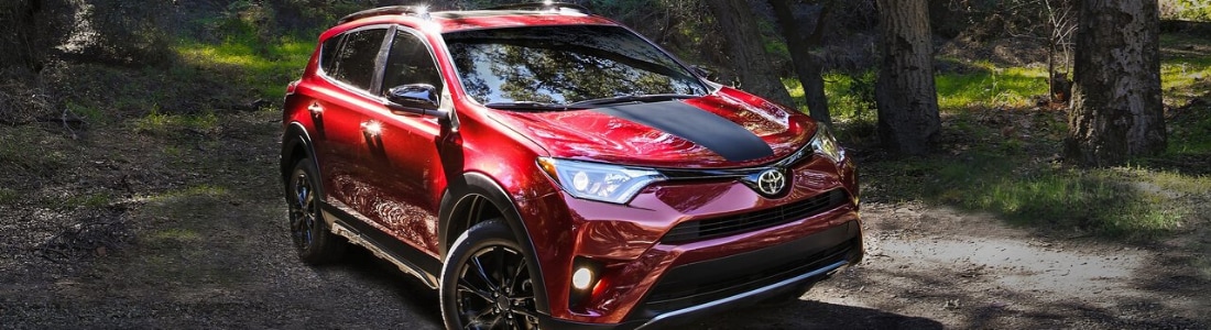Red Toyota RAV4 Adventure with a black racing stripe parked in the forest