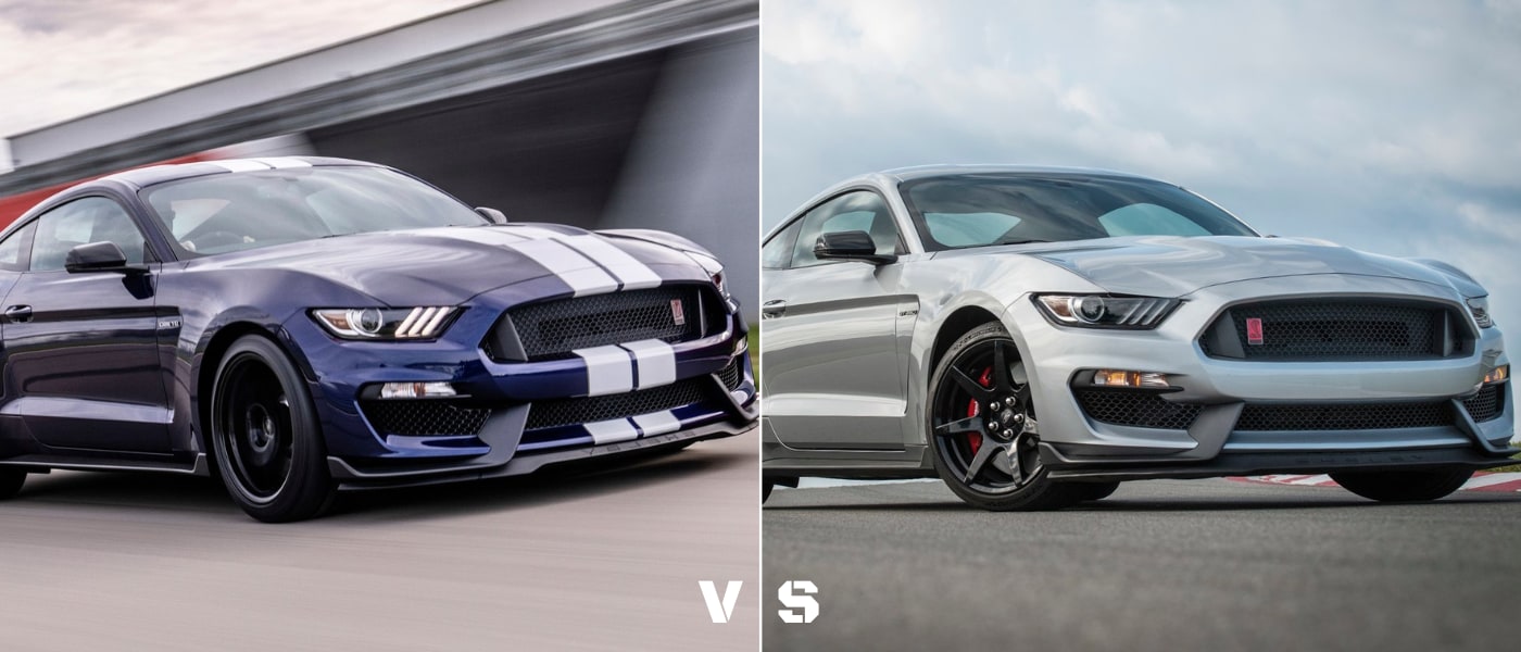 Front exterior comparison of the 2020 Ford Mustang Shelby GT350 next to the 2020 Ford Mustang Shelby GT350R