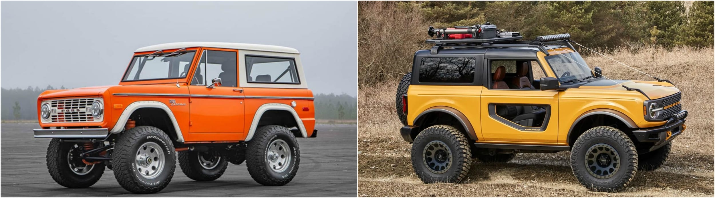 Profile view of an old orange Ford Bronco next to a new yellow Ford Bronco