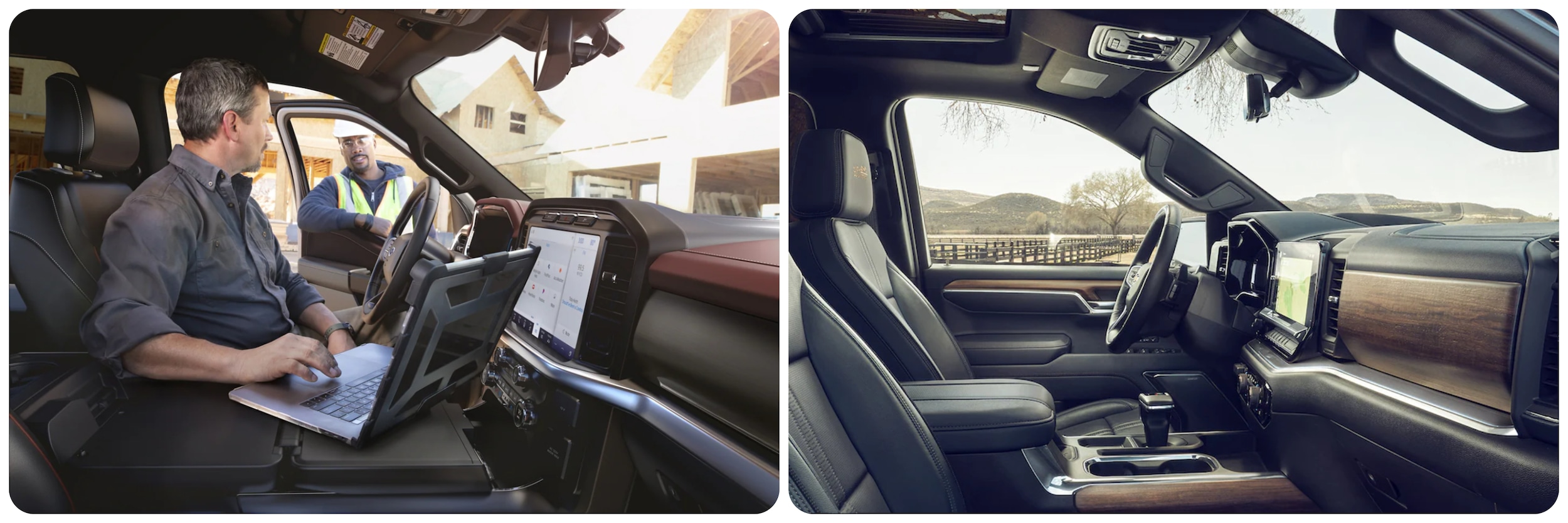 A view of the cabins and seating of the 2023 Ford Raptor on the left, and the 2023 Chevy Silverado on the right.