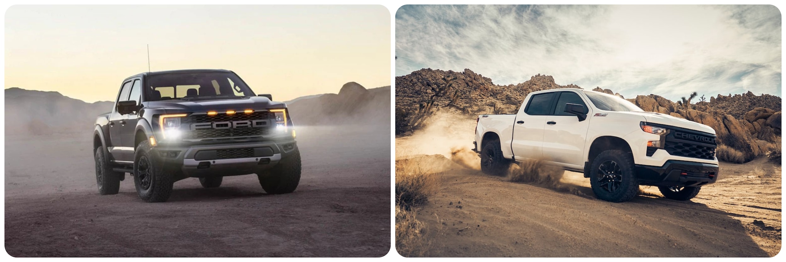 On the left a view of the front of a blue 2023 Ford Raptor and on the right, a view of the front of a white 2023 Chevy Silverado Trail Boss