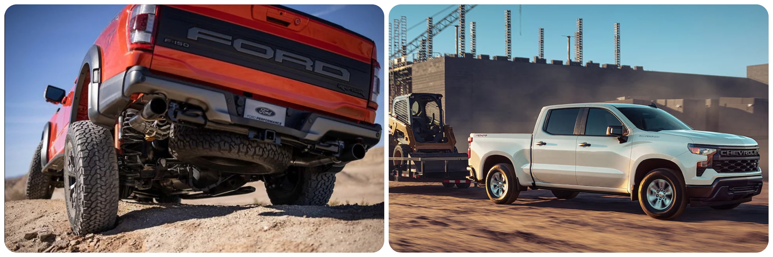 On the left, a view of the back of an orange 2023 Ford Raptor and a profile view of a white 2023 Chevy Silverado Trail Boss on the right