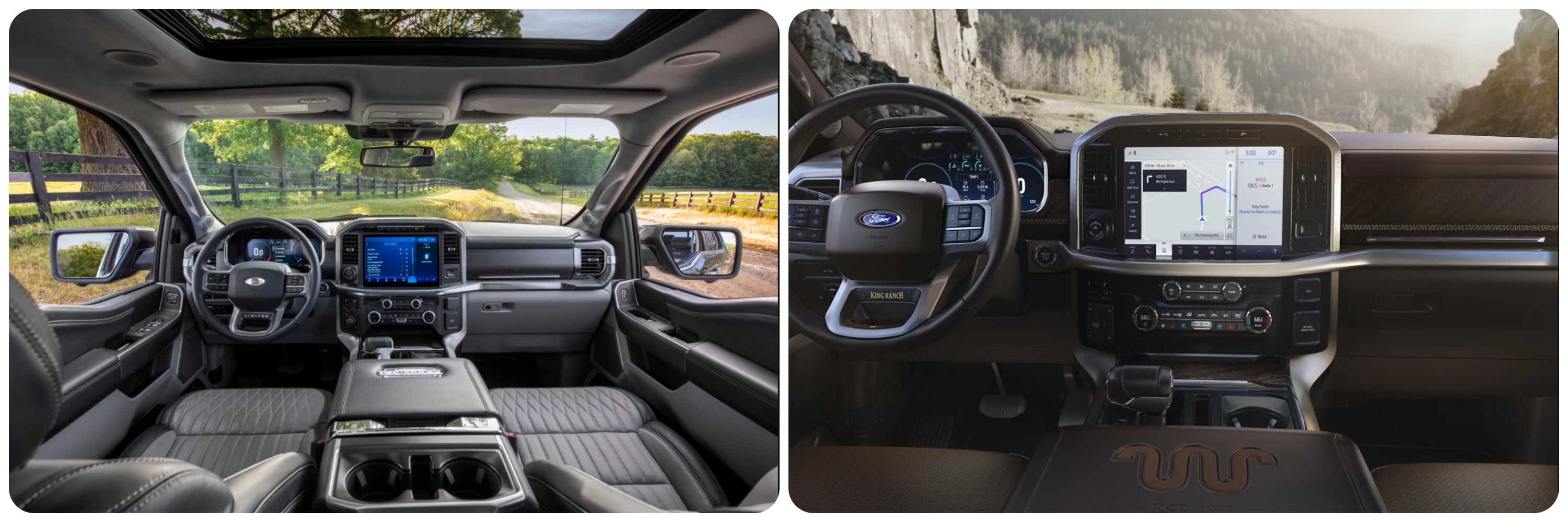 On the left is a view of the large gray trimmed cabin looking out the windshield of the 2022 Ford F-150 with digital dash, large infotainment screen and a center console with two drink holders. On the right is a similar view of the interior cabin of a brown-trimmed 2021 Ford F-150 with digital dash, large infotainment touchscreen interface, and 2 cup holders in a large center console