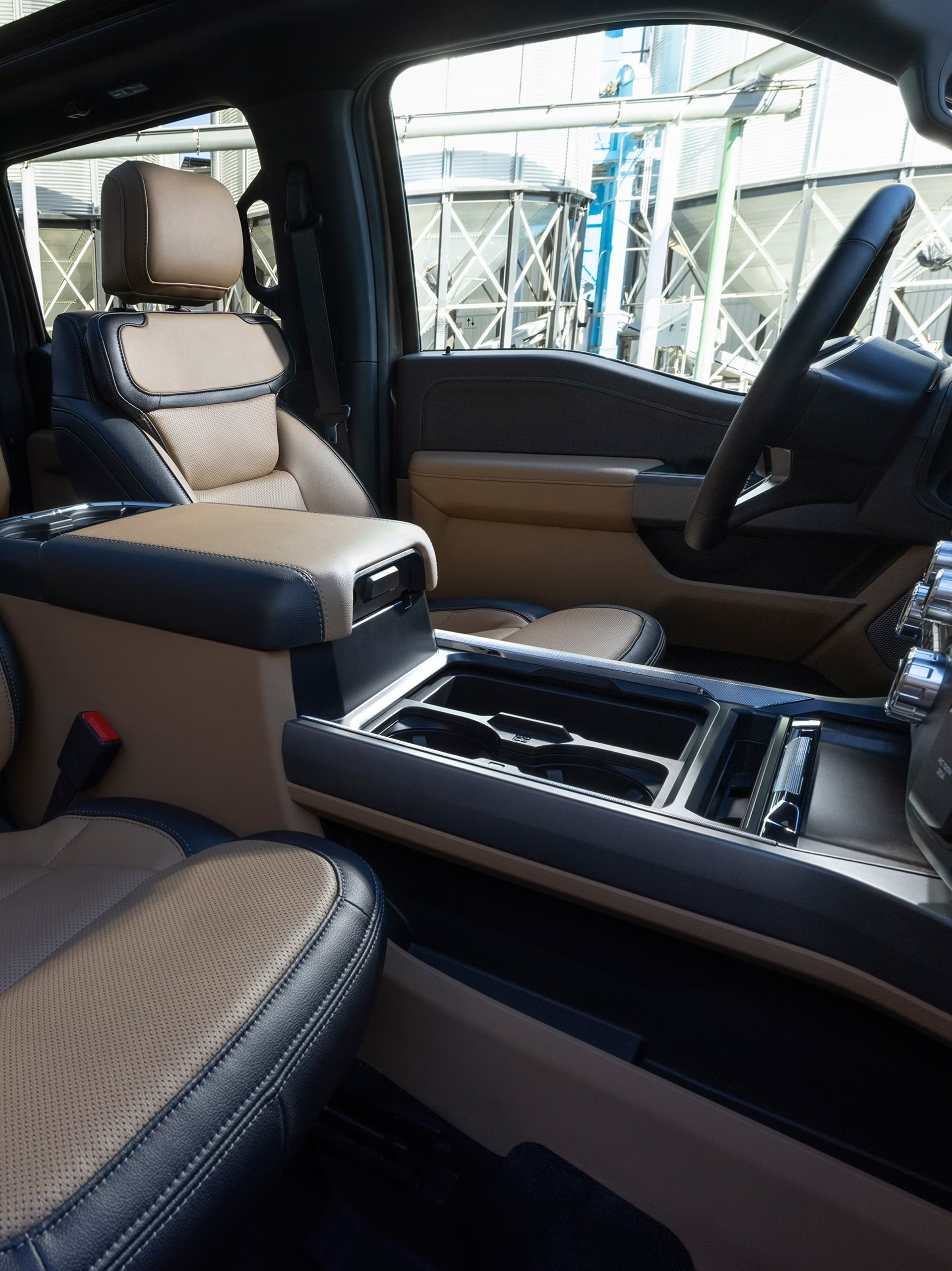 Ford Super Duty interior with two-tone leather seats and center console