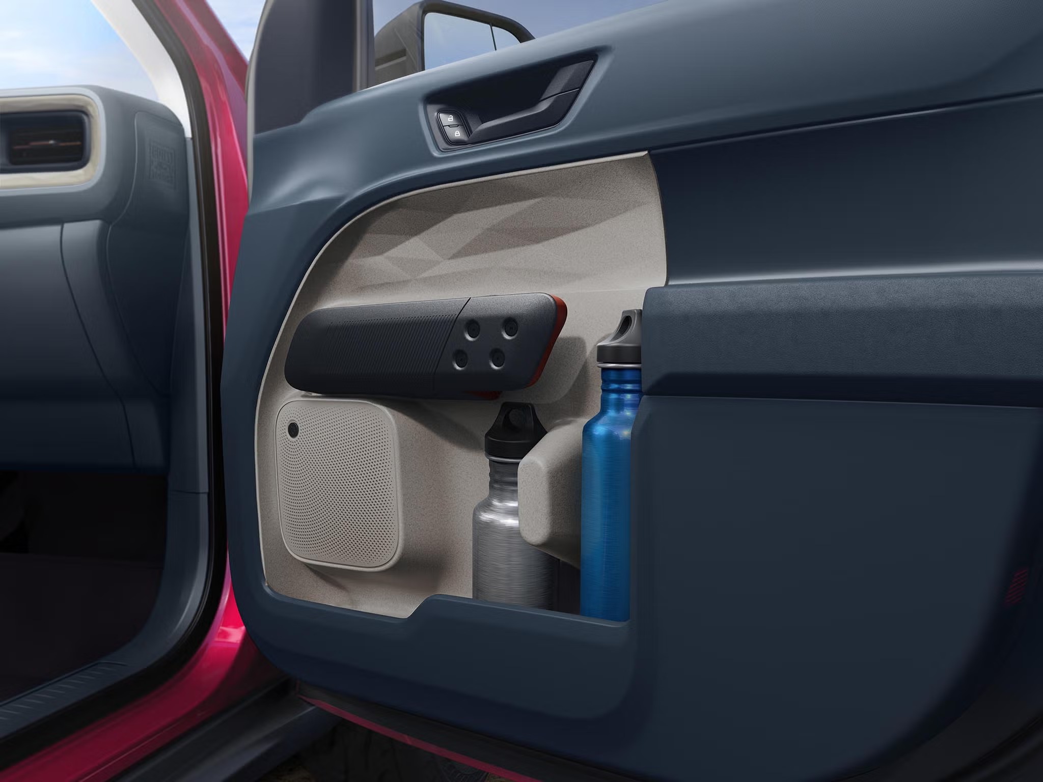 2026 Ford Maverick door panel with built-in water bottle storage