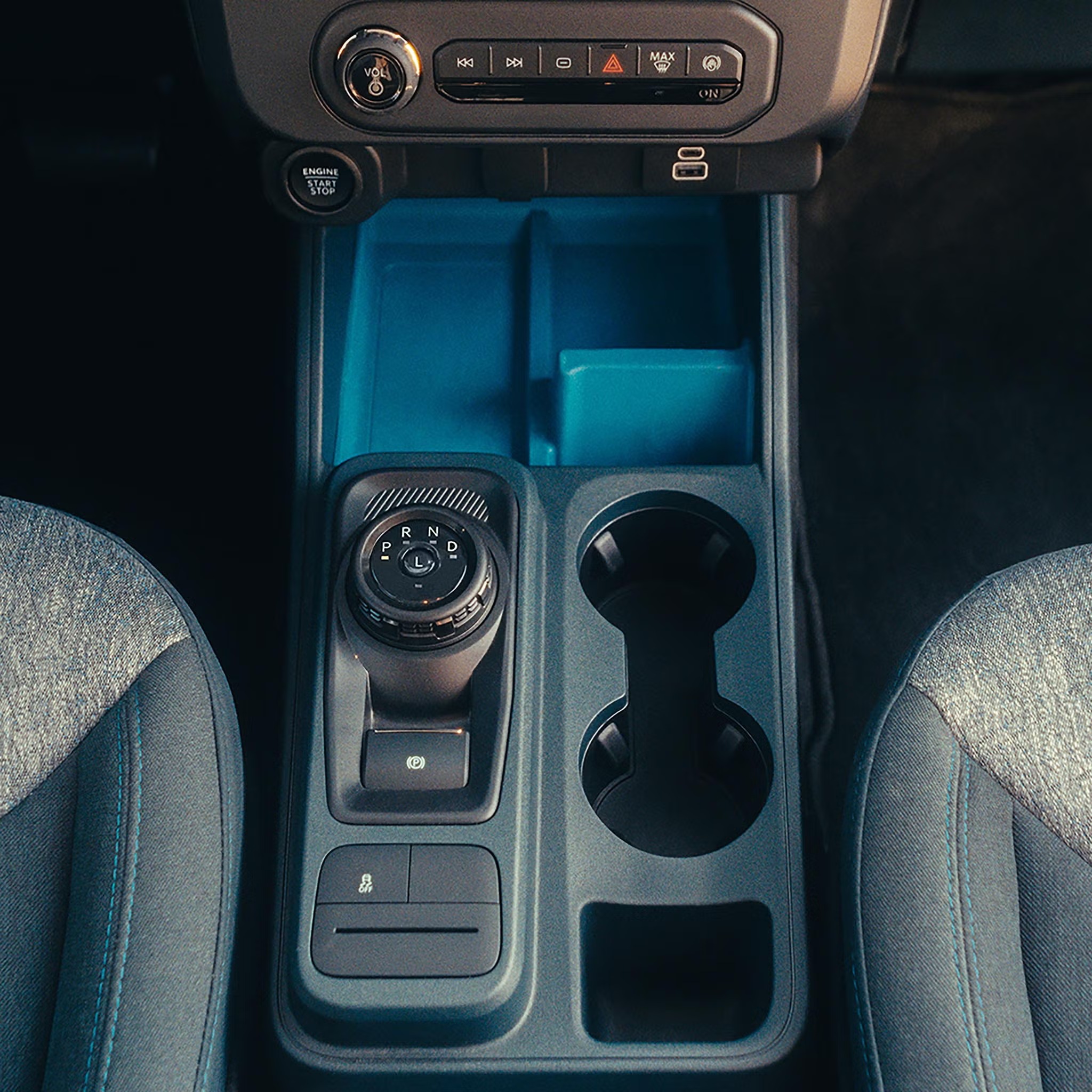 2026 Ford Maverick center console with rotary shifter and storage