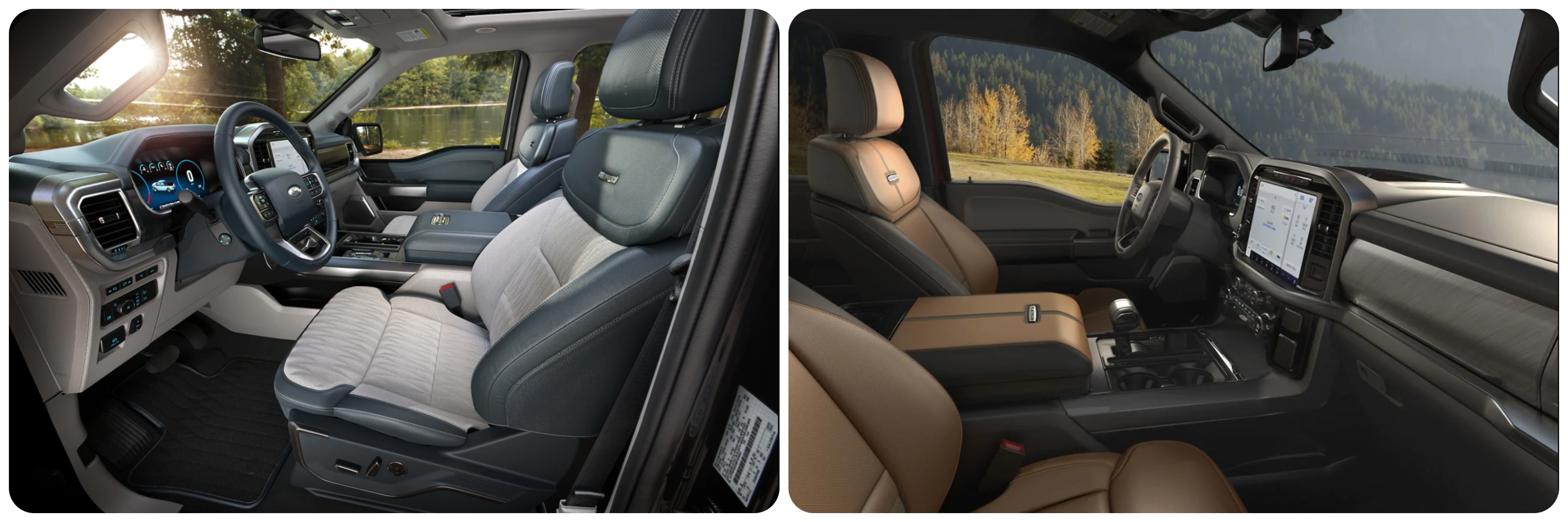 On the left is an interior shot of the cabin of a 2022 Ford F-150 trimmed in dark and light gray showing the digital dash. On the right, an interior shot of the 2021 Ford F-150 trimmed in gray and camel colored leather, showing the large touchscreen interface mounted in the center of the dash