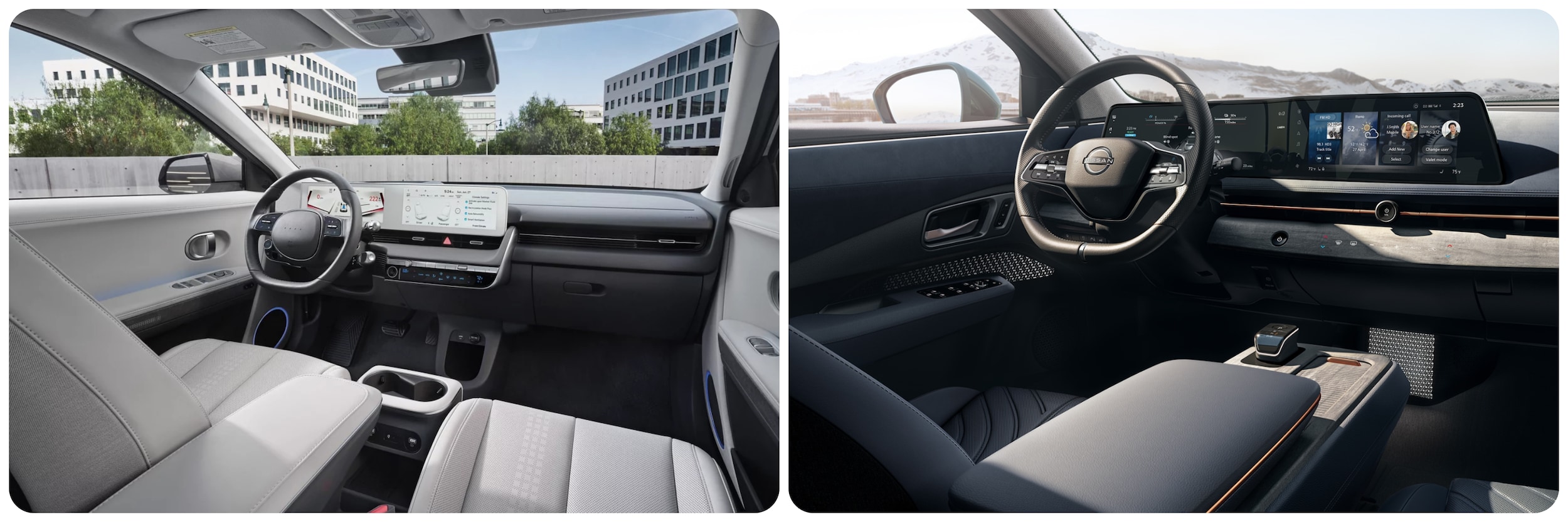 A view of the dash and infotainment systems of a 2023 Hyundai Ioniq 5 on the left and the 2023 Nissan ARIYA on the right