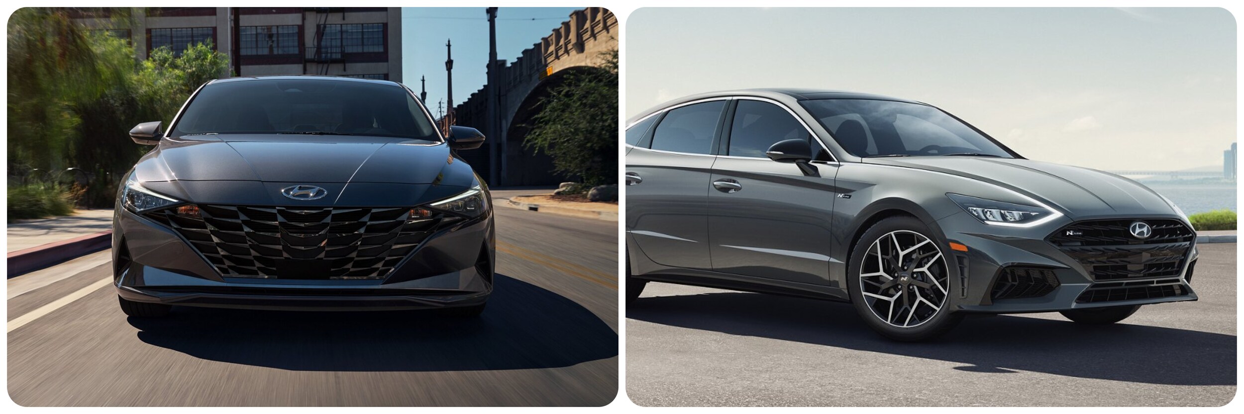 On the left, a front view of the 2022 Hyundai Elantra in dark gray as it speeds down a city street towards the viewer on a sunny day. ON the right a 2022 Hyundai Sonata is parked at an angle showing of the profile and front of the gray car as it sits parked in front of an oceanscape.