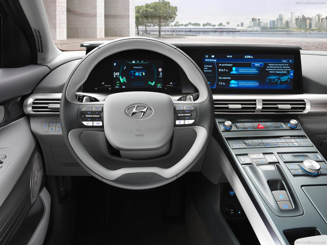 A view of the steering wheel and dashboard inside the 2023 Hyundai NEXO