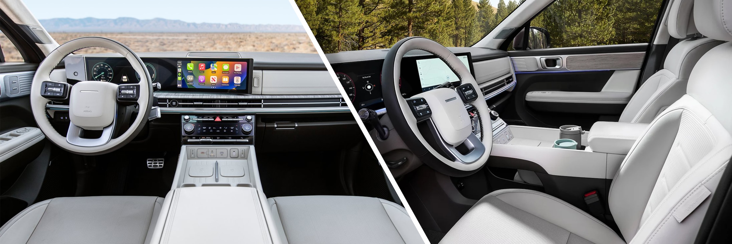 The Interior of the 2024 Hyundai Sante Fe with white interior seating options.