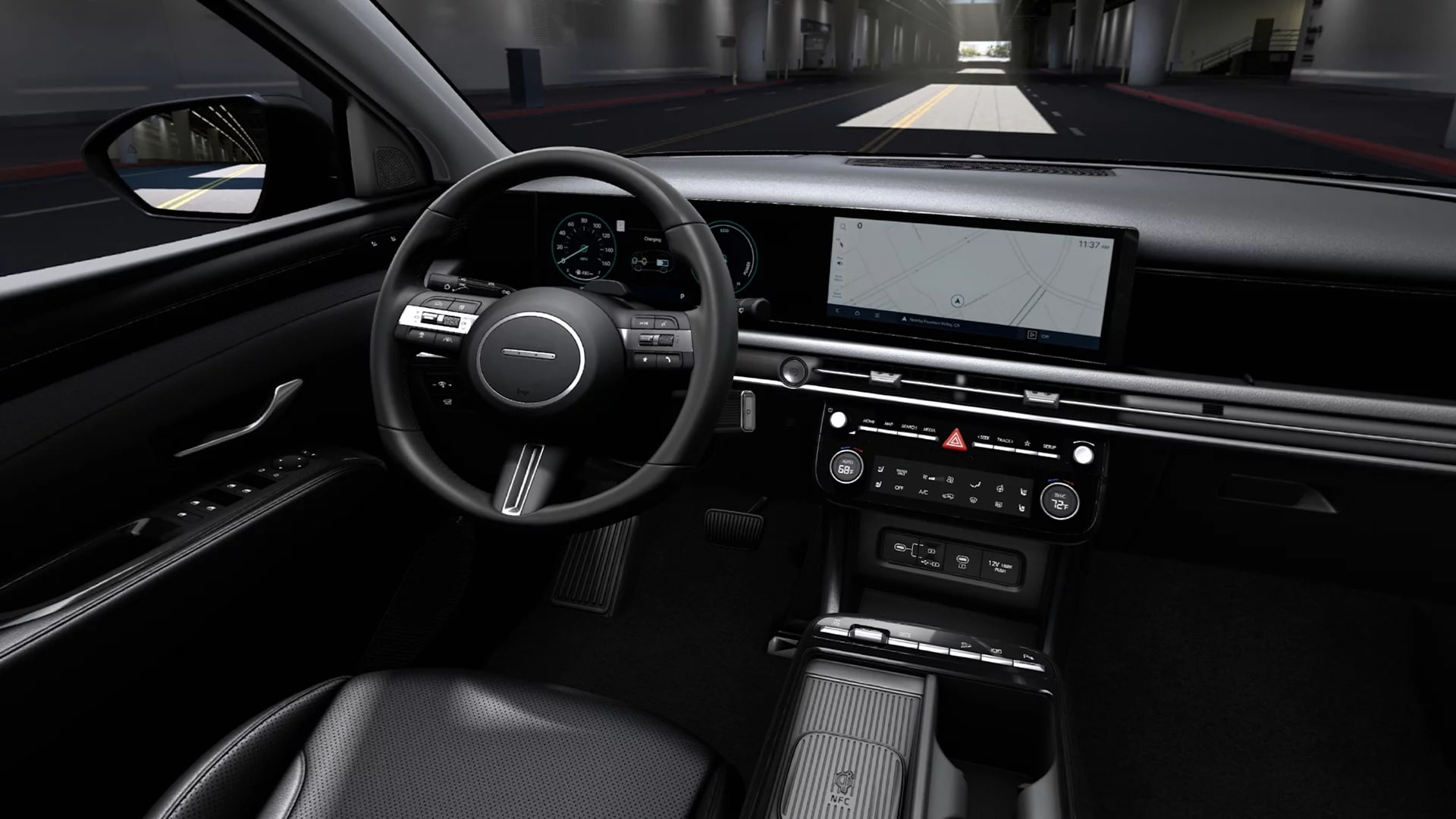 2026 Hyundai Tucson Hybrid dashboard with standard 12.3-inch touchscreen, digital cluster and steering wheel