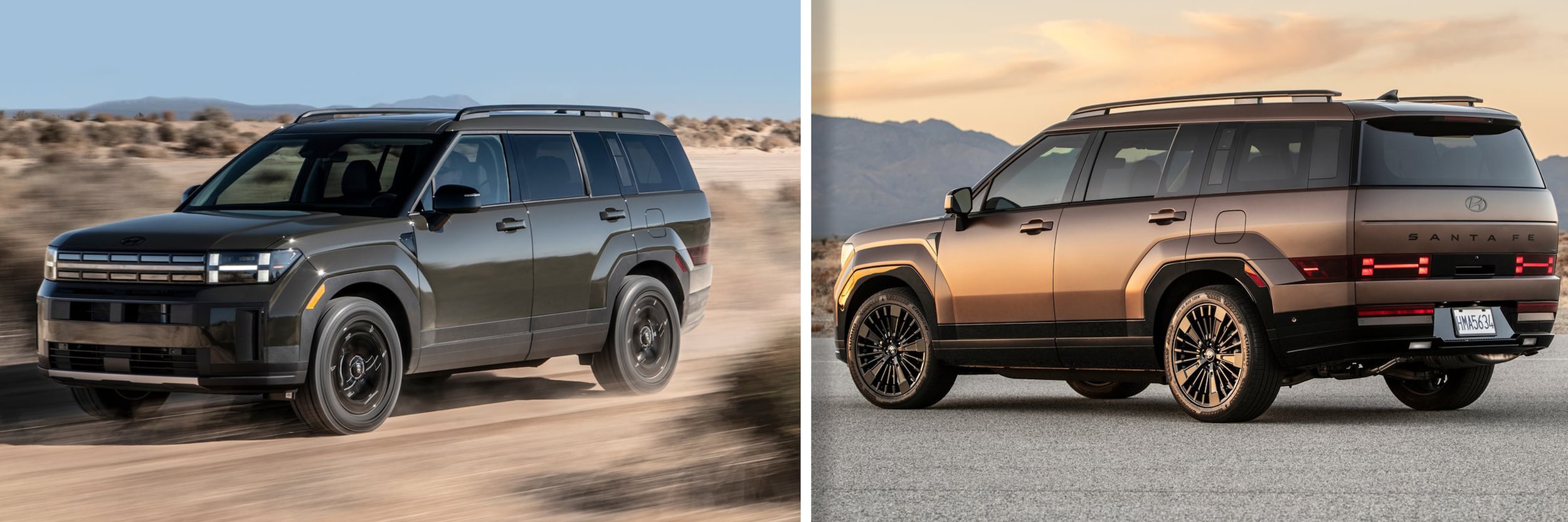 2024 Hyundai Santa Fe Side Profile Photos, Green and Brass exterior colors, driving in the desert.