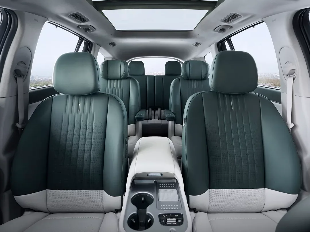 Front seats and center console of a 2026 Hyundai Ioniq 9 looking back through all three rows