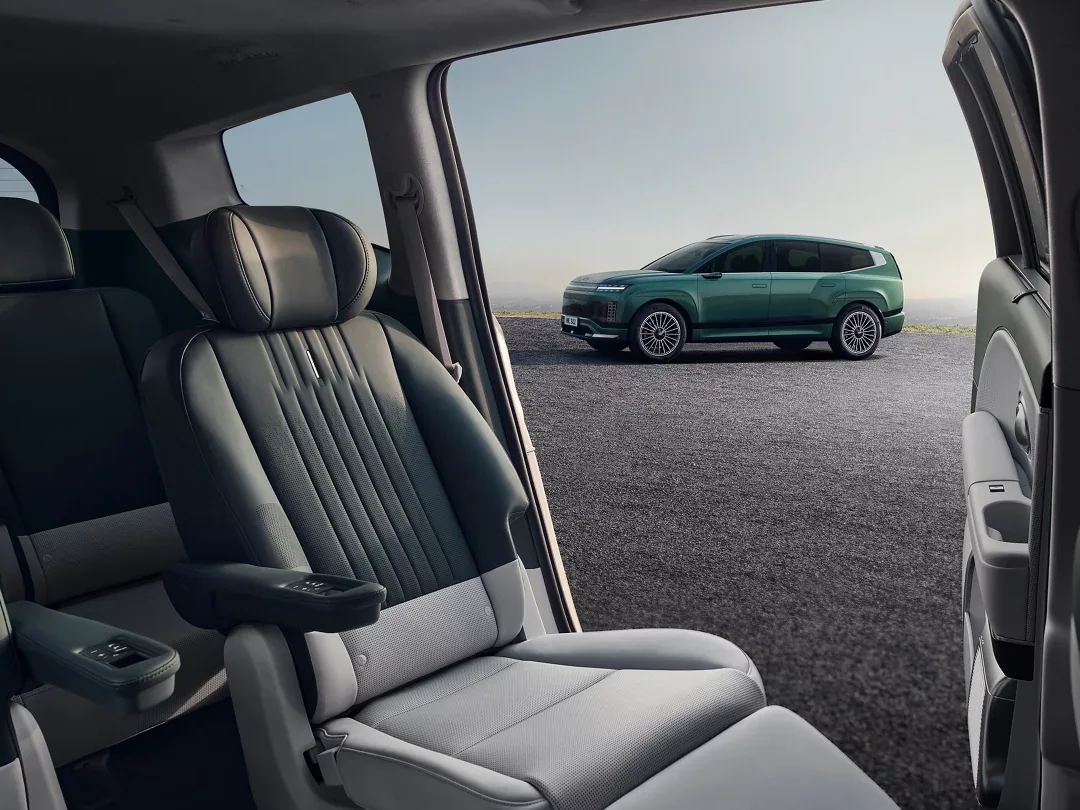 Second-row captain's chair in a 2026 Hyundai Ioniq 9 with the door open