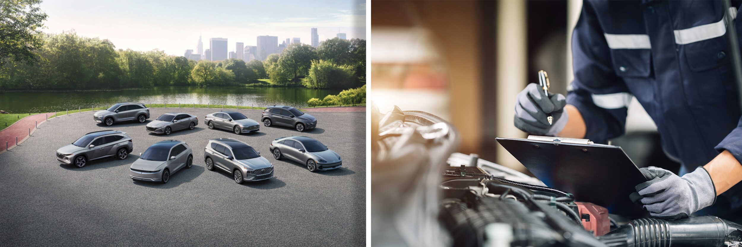 2024 Hyundai Lineup outside in a parking lot with an image of a mechanic servicing a vehicle next to this photo