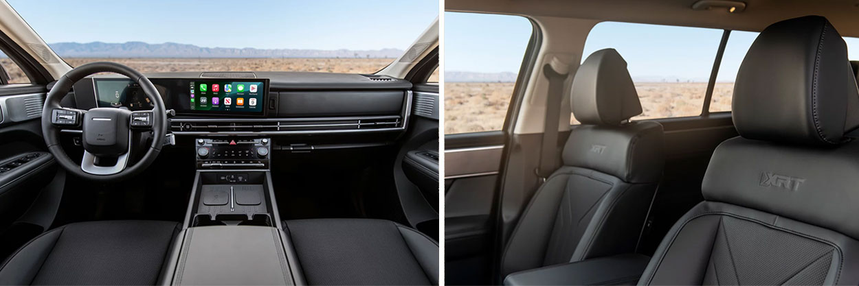 2027 Hyundai Santa Fe interior dimensions showing the panoramic curved display and XRT embossed seats