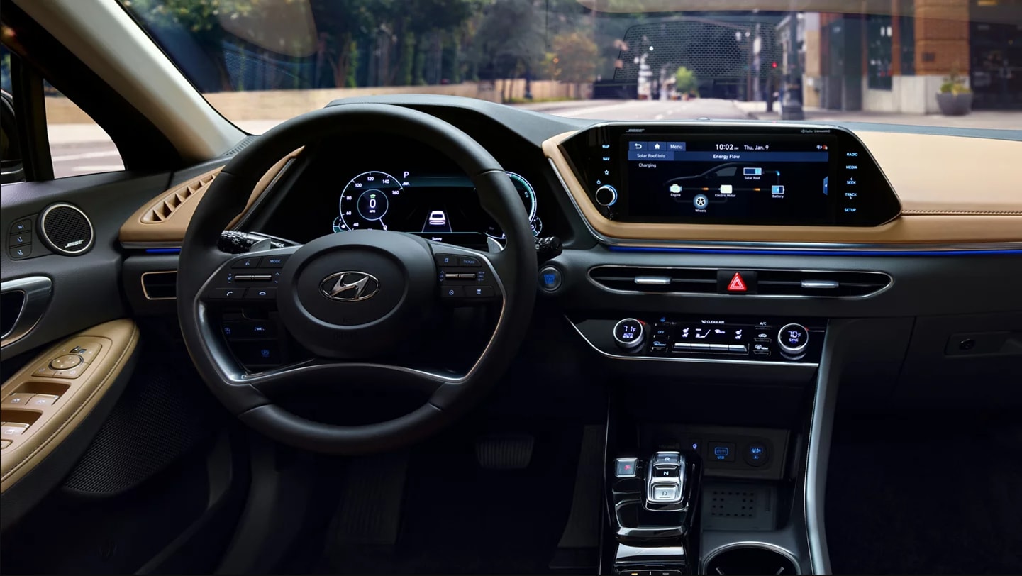 A view of the dash and infotainment system of a 2023 Hyundai Sonata