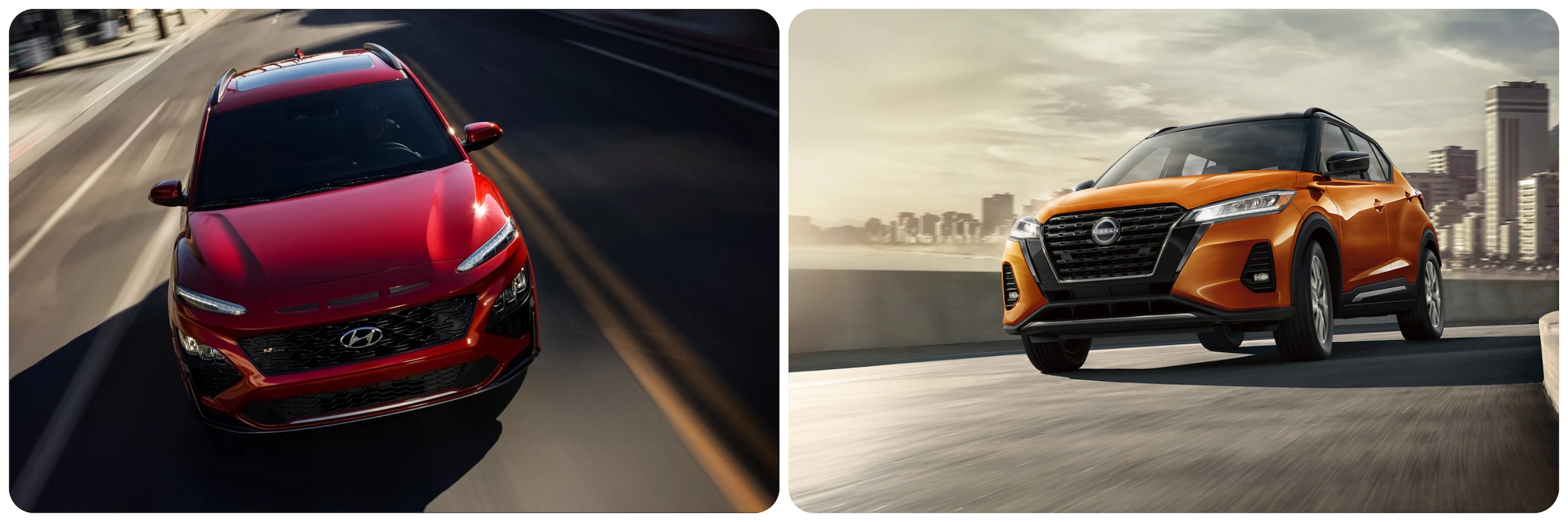 On the left, a red 2023 Hyundai Kona.  On the right, a yellow 2023 Nissan Kicks