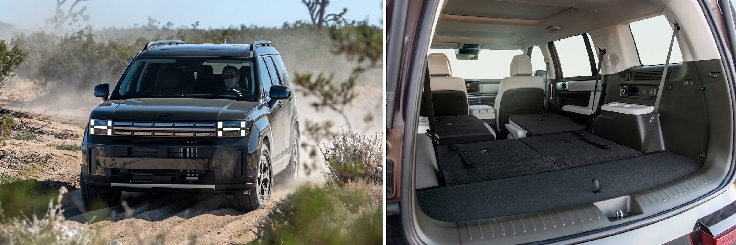 The Cargo capacity of the 2024 Hyundai Santa Fe, and front driving shot.