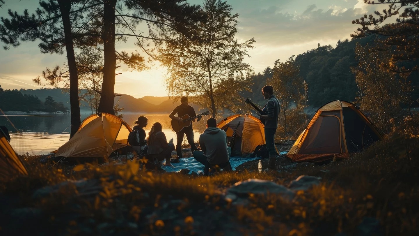 People camping by a lake at sunset with SANTA CRUZ