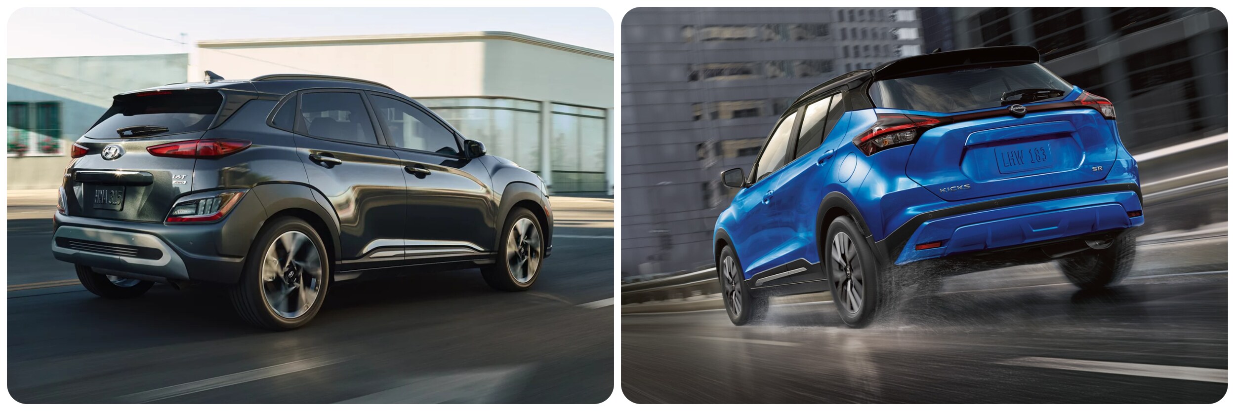 On the left a gray 2023 Hyundai Kona drives away from the viewer. On the right a blue 2023 Nissan Kicks