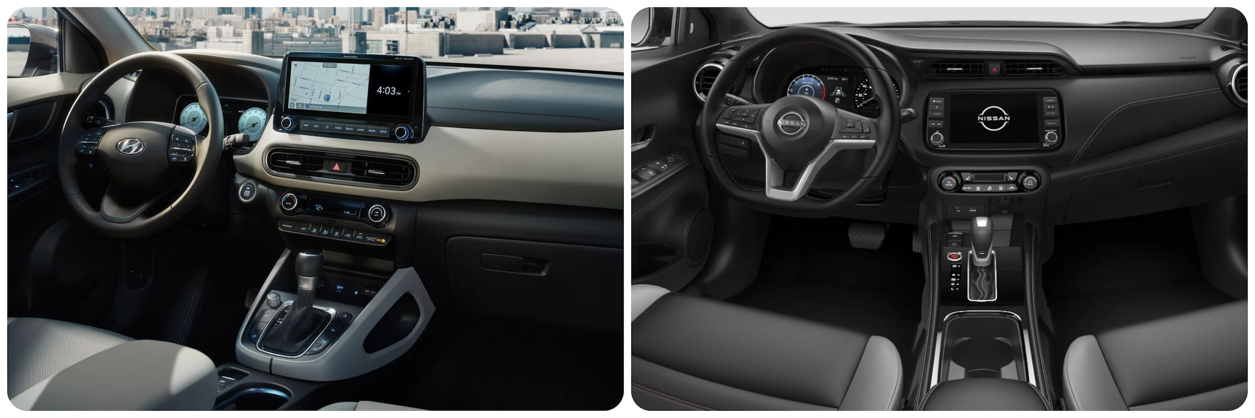 On the left a view of the dash of a 2023 Hyundai Kona, on the right a view of the dash of a 2023 Nissan Kicks