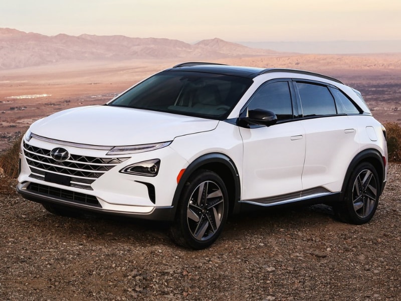 2020 Hyundai Nexo hydrogen fuel cell car white exterior color distant mountain range