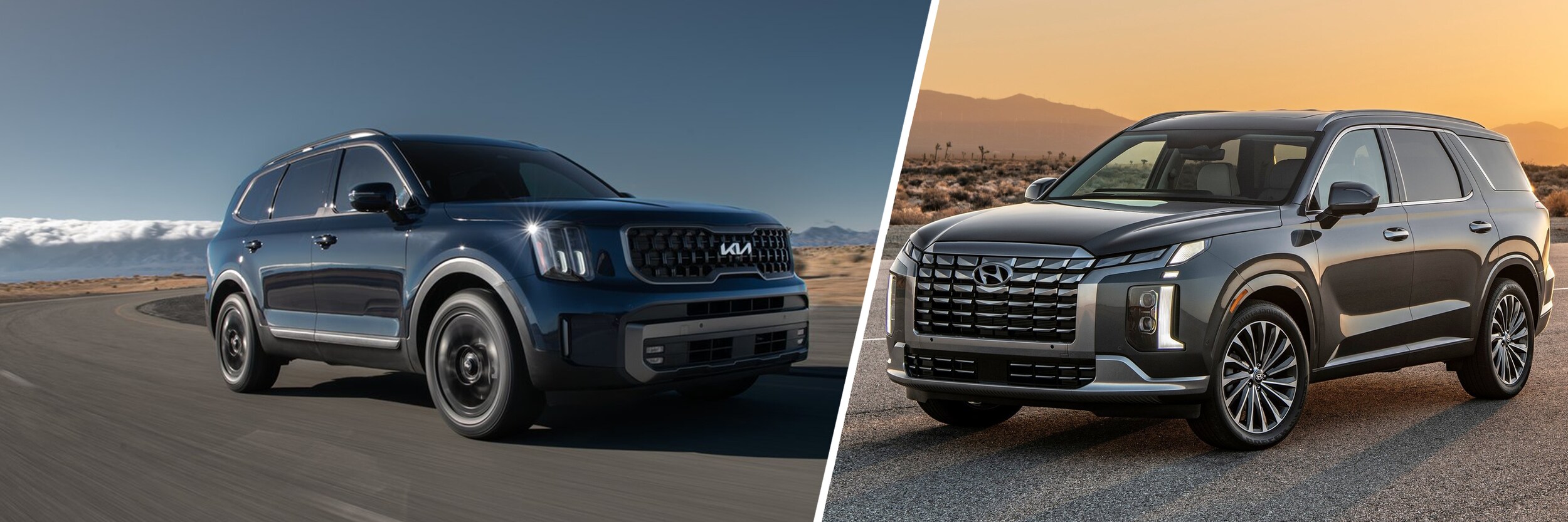 2024 Kia Telluride exterior compared next to the 2024 Hyundai Palisade