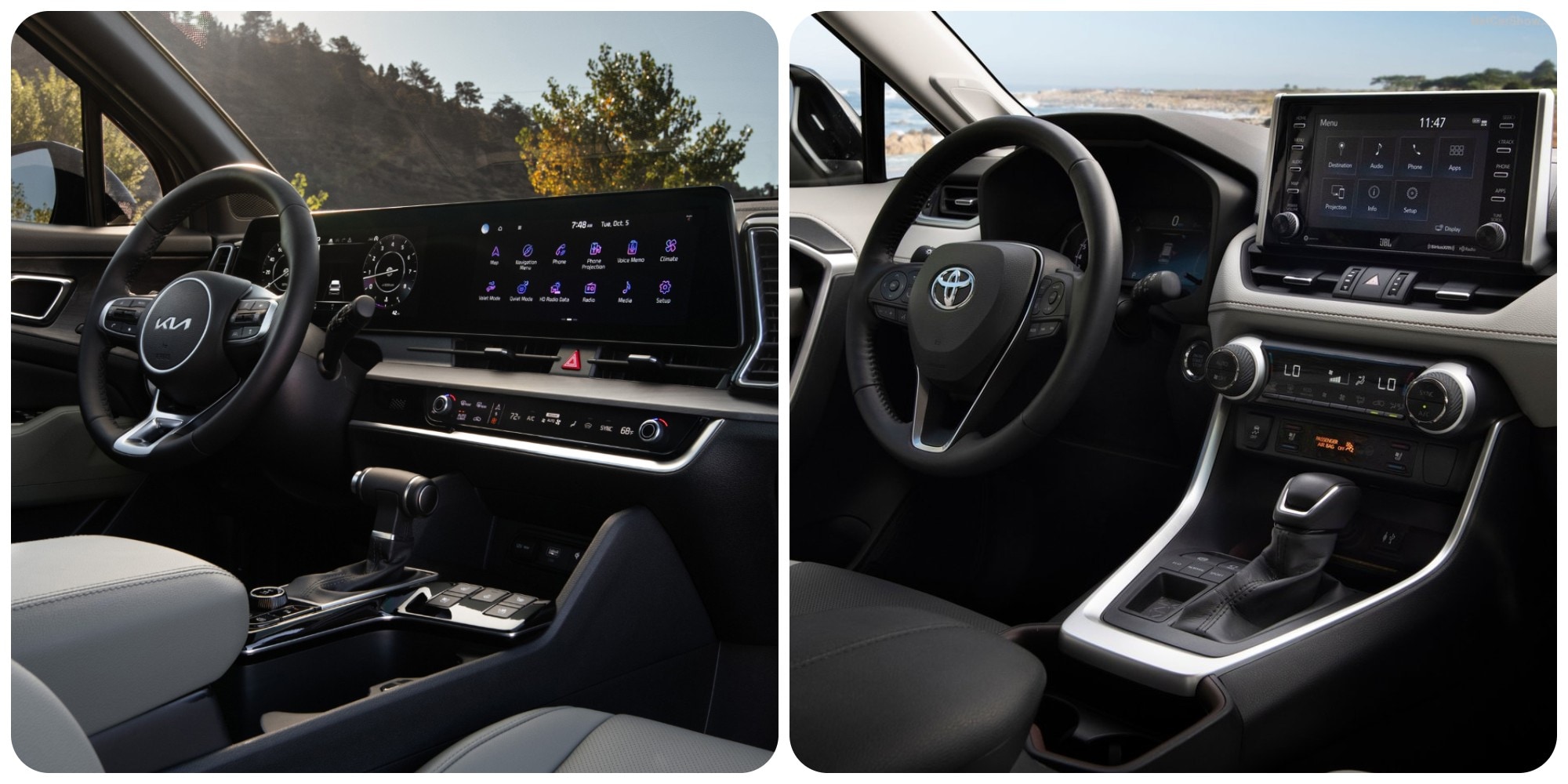 Interior view of a Kia Sportage compared next to a the interior of a Toyota Rav4