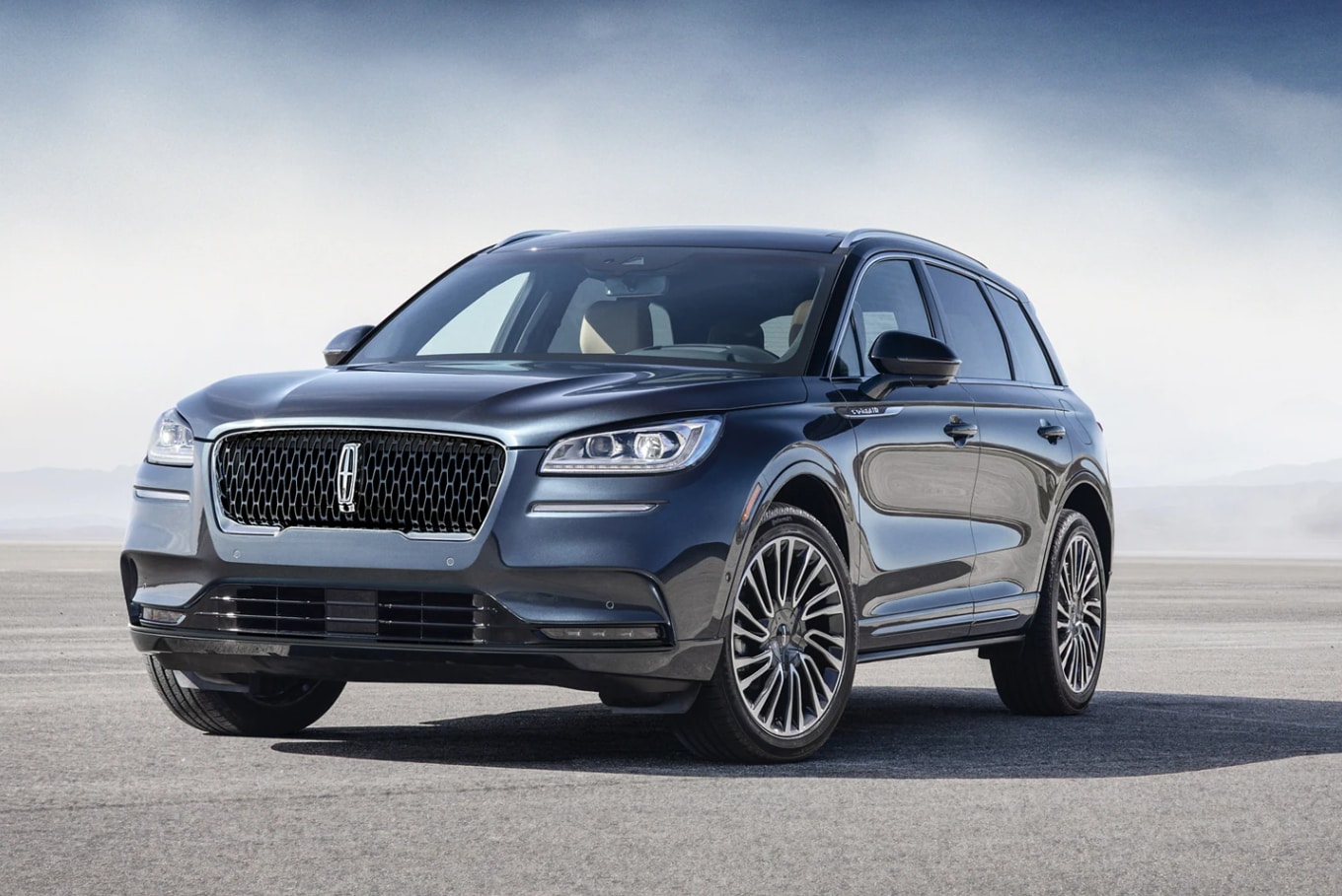 A parked 2022 ocean deep blue Lincoln Corsair