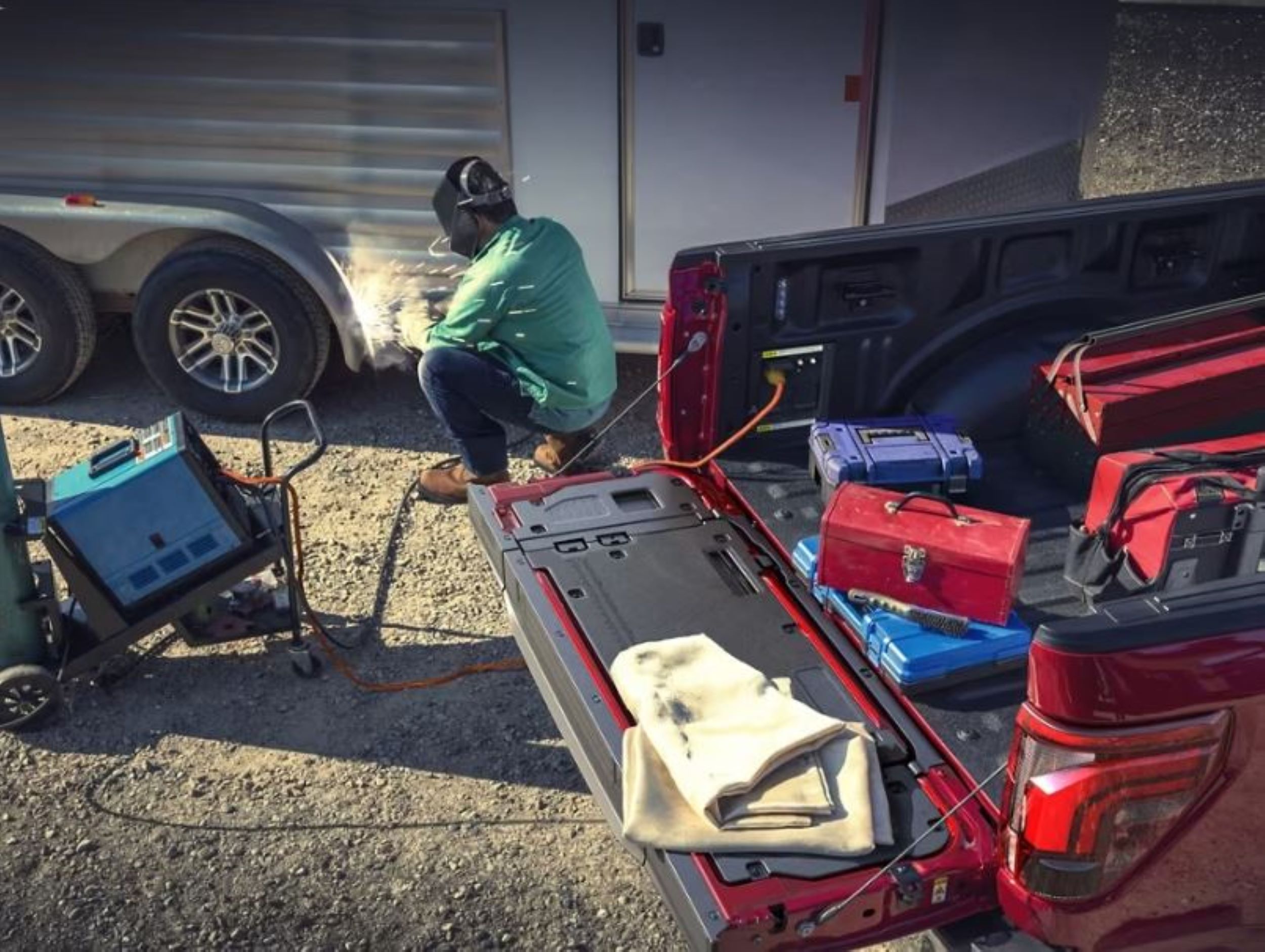 A welder utilizing the plug in features of the new Ford F-150.