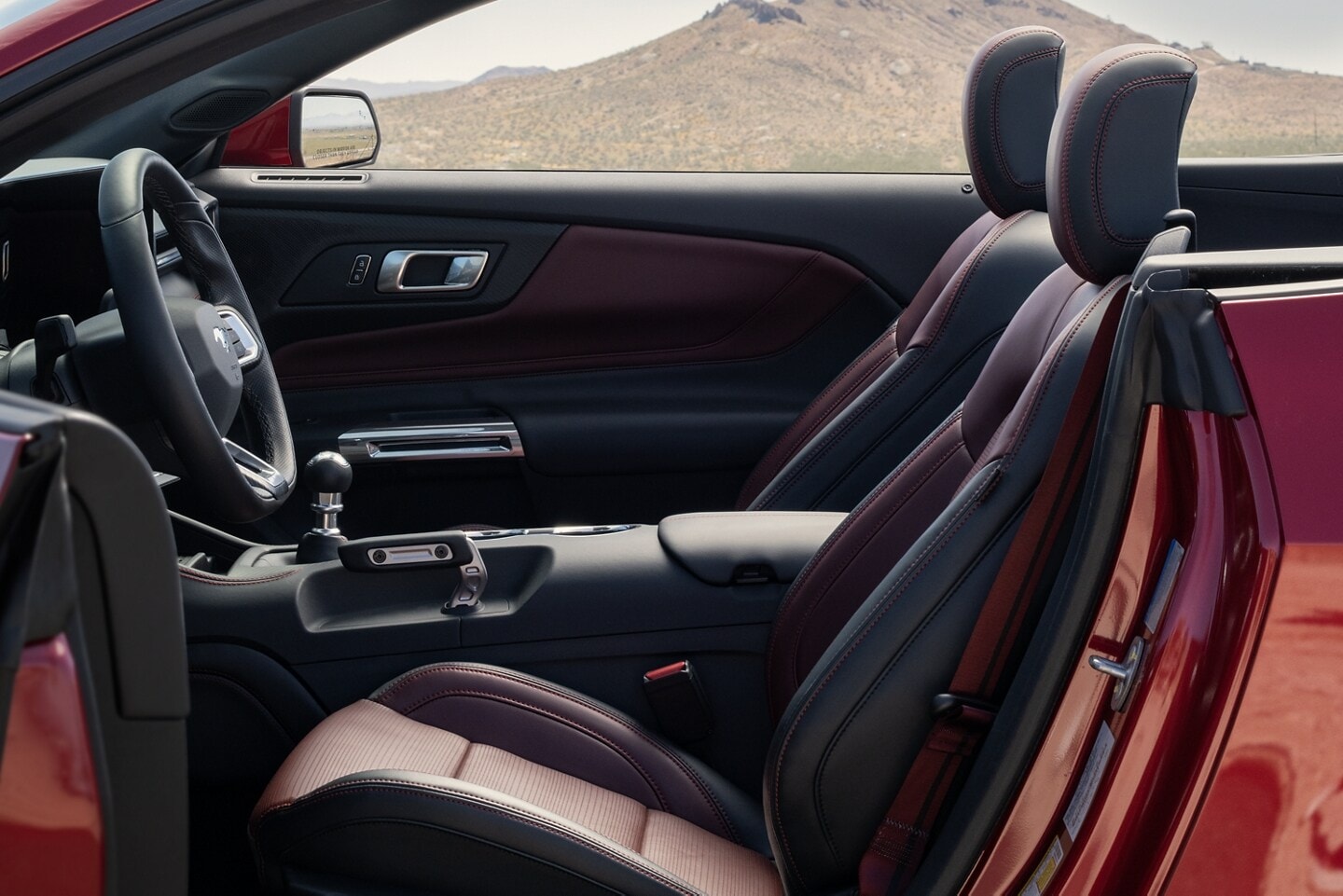 An interior view of the seating inside a Mustang with the top rolled down.