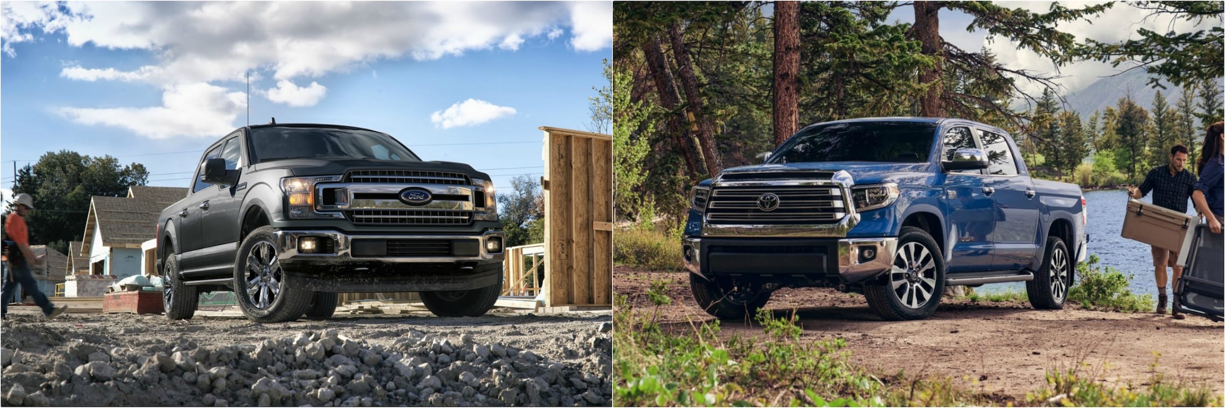 a new gray Ford F-150 side by side a new blue Toyota Tundra