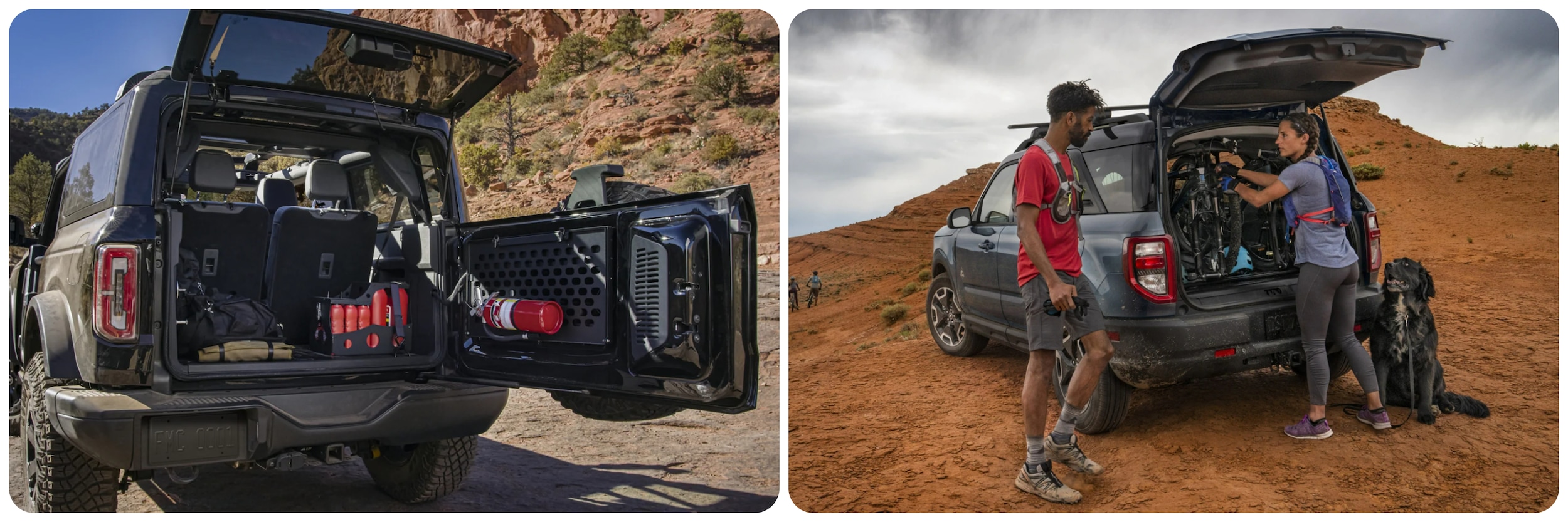The open hatch revealing the rear cargo space is shown for the 2023 Ford Bronco on the left and the 2023 Ford Bronco Sport on the right
