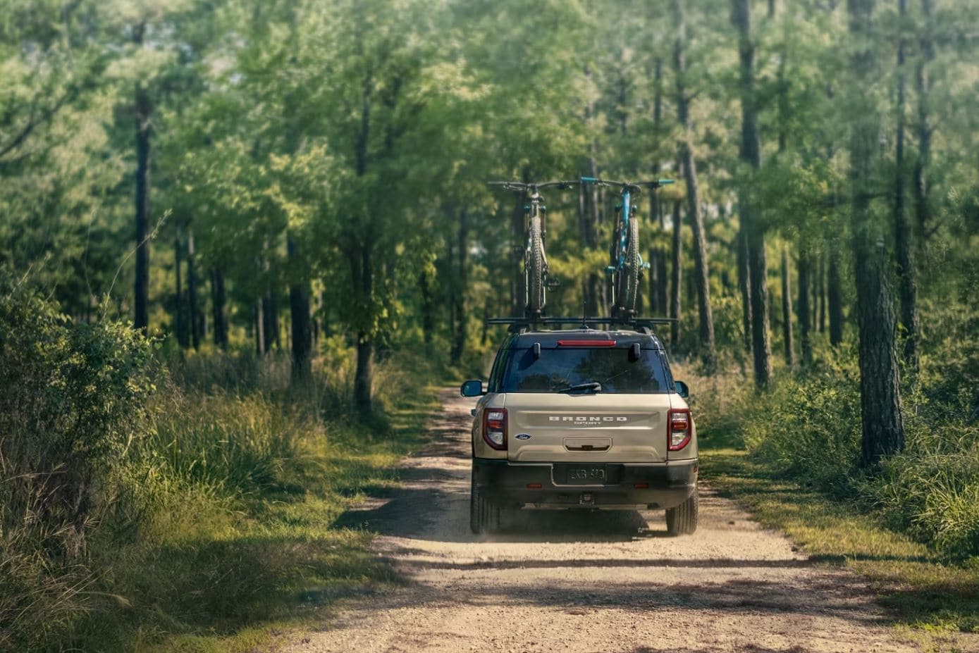 A view of the back of a tan 2024 Ford Bronco Sport with mountain bikes on the roof as it drives away on a dirt road.