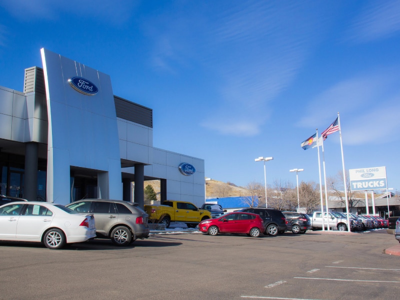 Image of the front of the Phil Long Ford Dealership in Colorado Springs on Motor City Drive