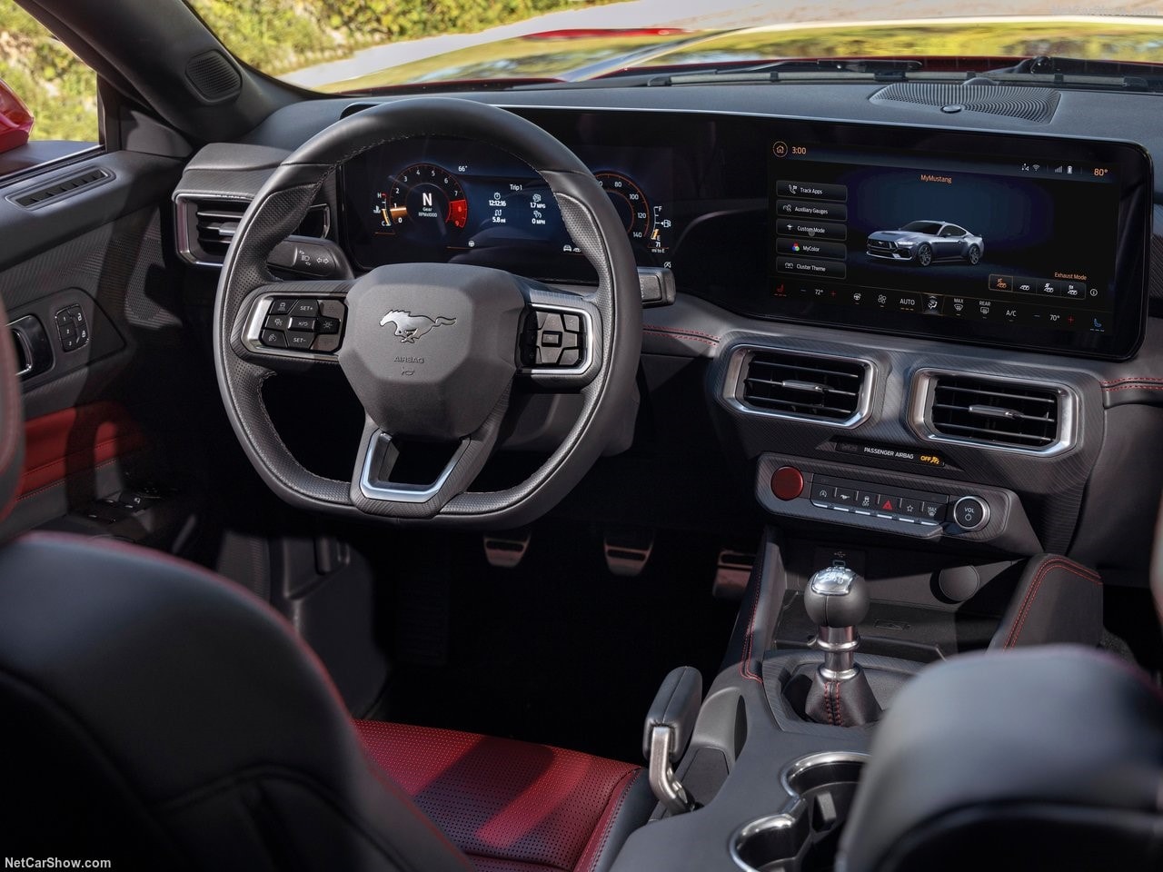 A view of the Ford Mustang's infotainment center along with dashboard.