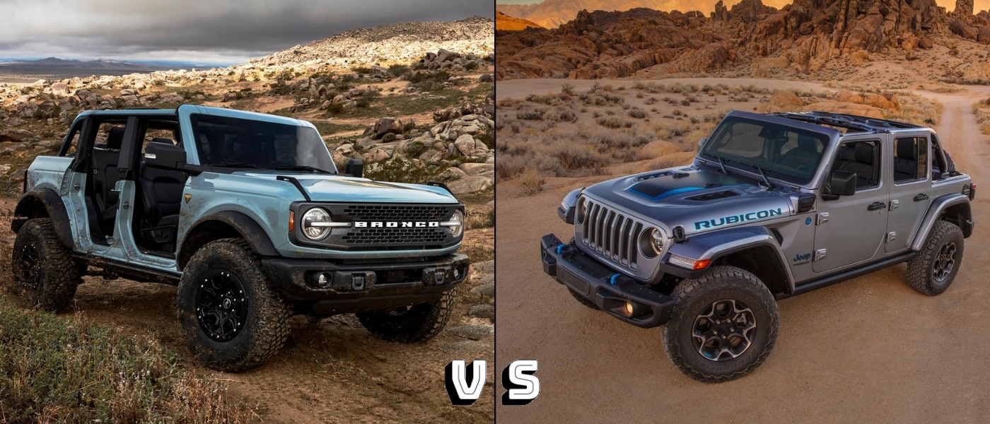 Exterior comparison of the all-new 2021 Ford Bronco Badlands trim next to the 2021 Jeep Wrangler Rubicon 4xe