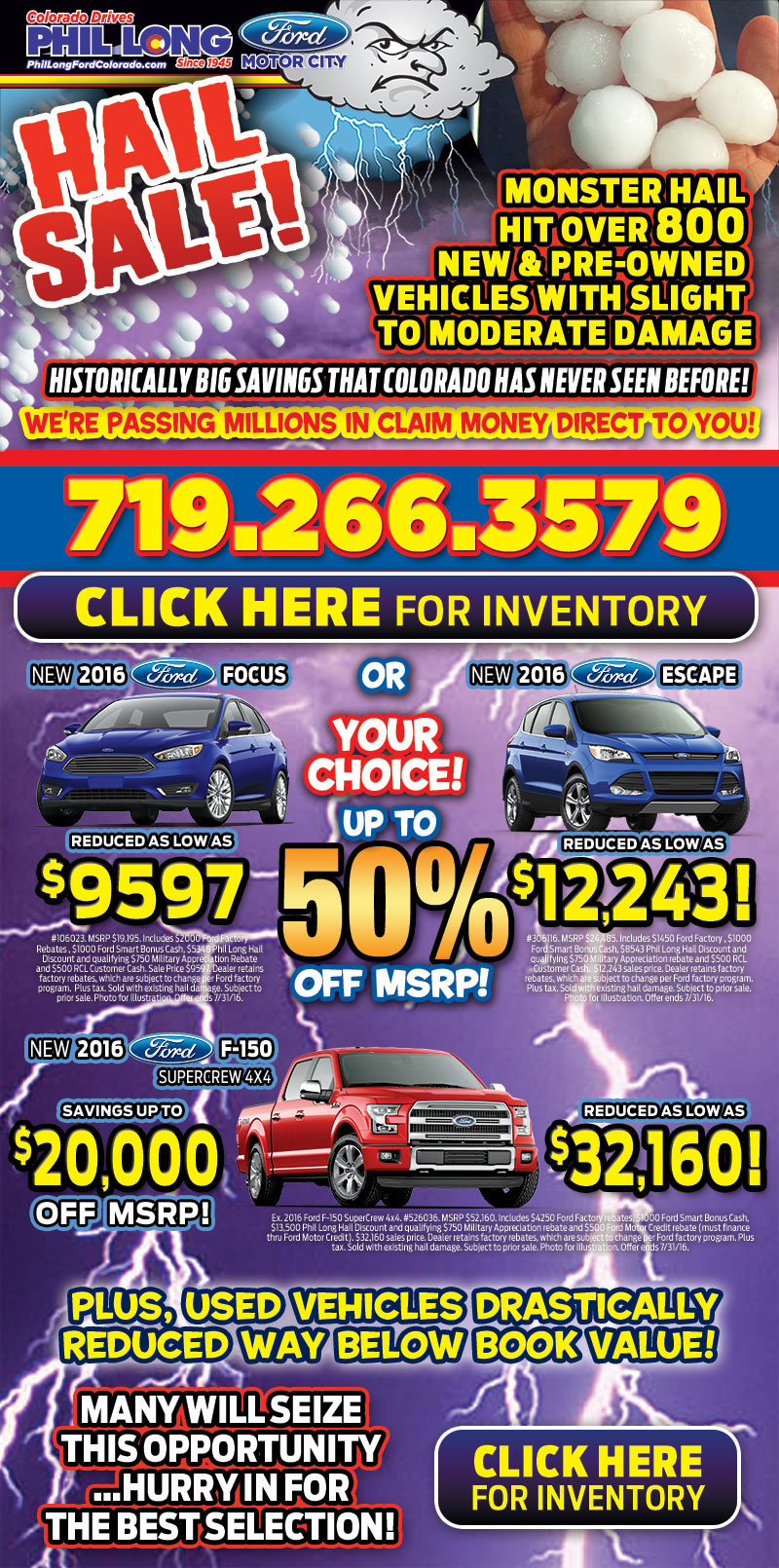 A flyer from Phil Long promoting a hail sale showing hail damaged cars in colorado springs with huge reduced prices