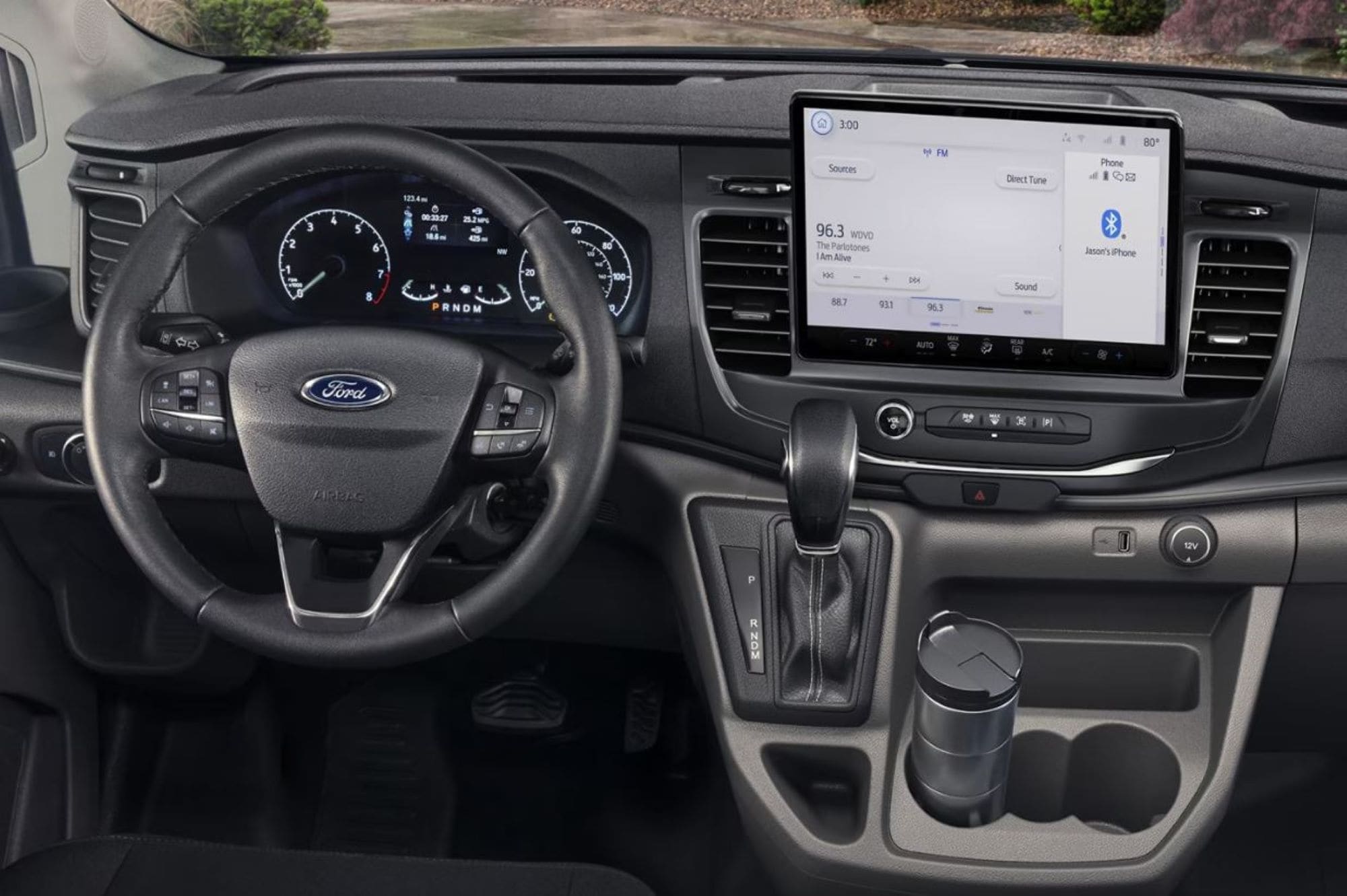 The dashboard inside of a Ford Transit on display.