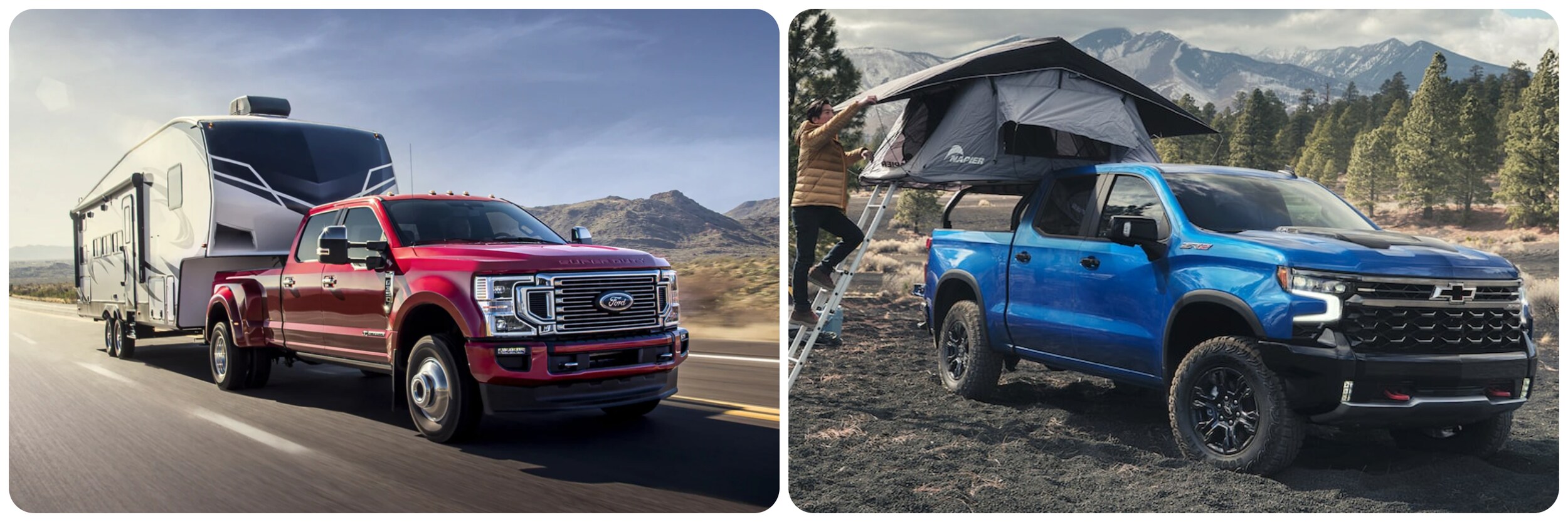 On the left a red 2022 Ford Super Duty with chrome grille speeds down a highway towing a fifth wheel behind through a mountainous desert. On the right, a blue 2022 Chevy Silverado with black rims and grille sits parked in a dirt field with mountains in the background as a woman sets up a tent on the truck bed