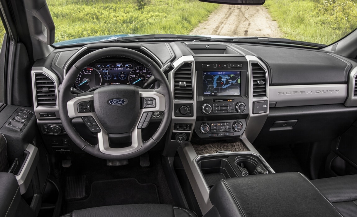 2020 Ford Super Duty interior design showing front cabin dashboard and navigation
