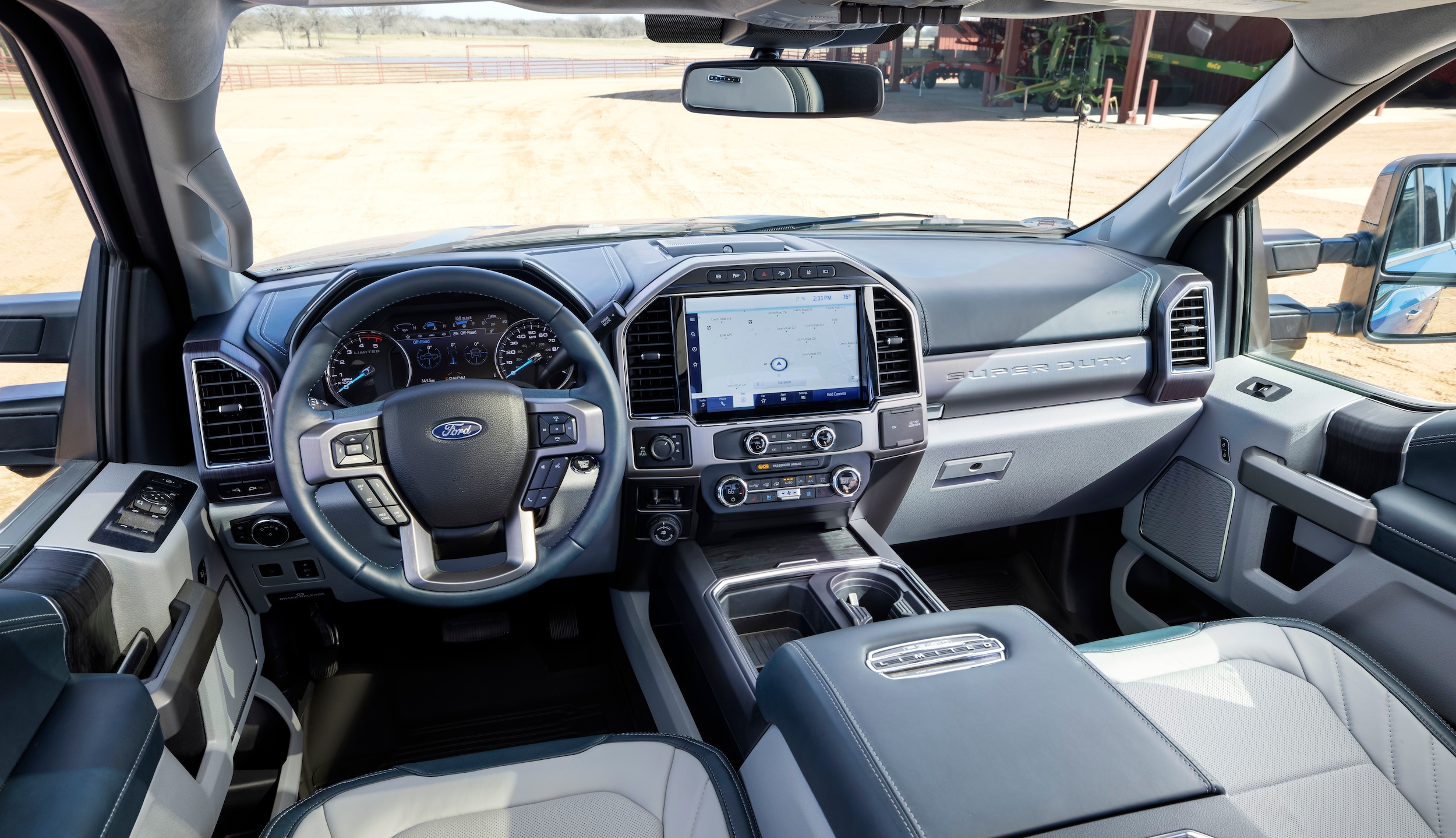 A view of the dash and infotainment system in a 2023 Ford Super Duty