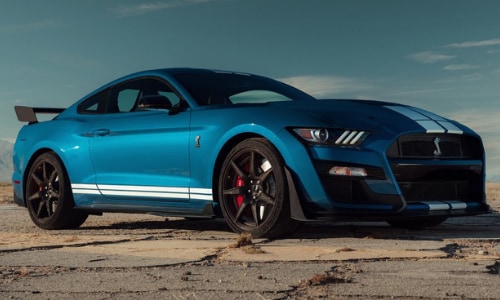 2020 Ford Mustang Shelby GT 500 blue white stripes ground level passenger side exterior